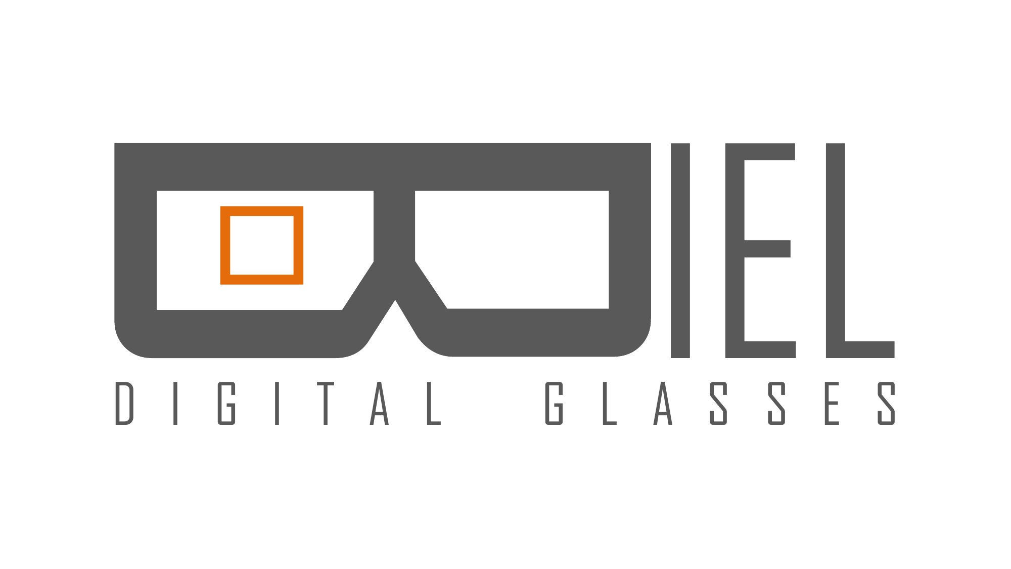 La imagen muestra un logotipo que representa unas gafas. El diseño es minimalista y está compuesto por formas geométricas. La parte izquierda del logotipo tiene un cuadrado naranja dentro de un rectángulo gris, que representa una de las lentes de las gafas. La parte central y derecha del logotipo forma la palabra "DIEL" en letras mayúsculas de color gris. Debajo del diseño principal, en letras más pequeñas y espaciadas, está escrito "DIGITAL GLASSES" también en color gris. El fondo de la imagen es blanco.