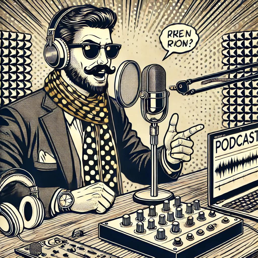 Ilustración retro de un locutor de podcast en un estudio. El personaje es el mismo que el del logo, estilo vintage, lleva gafas de sol redondas, auriculares grandes, un pañuelo de lunares al cuello y un traje elegante con corbata a juego. Tiene un bigote prominente y barba cuidada. Frente a él, un micrófono clásico está montado en un brazo ajustable. Sobre la mesa, hay una mesa de mezclas con múltiples controles y un ordenador portátil que muestra la palabra 'PODCAST' junto a una representación gráfica de una onda de audio. El fondo incluye paneles acústicos y efectos gráficos de líneas radiales que evocan dinamismo.