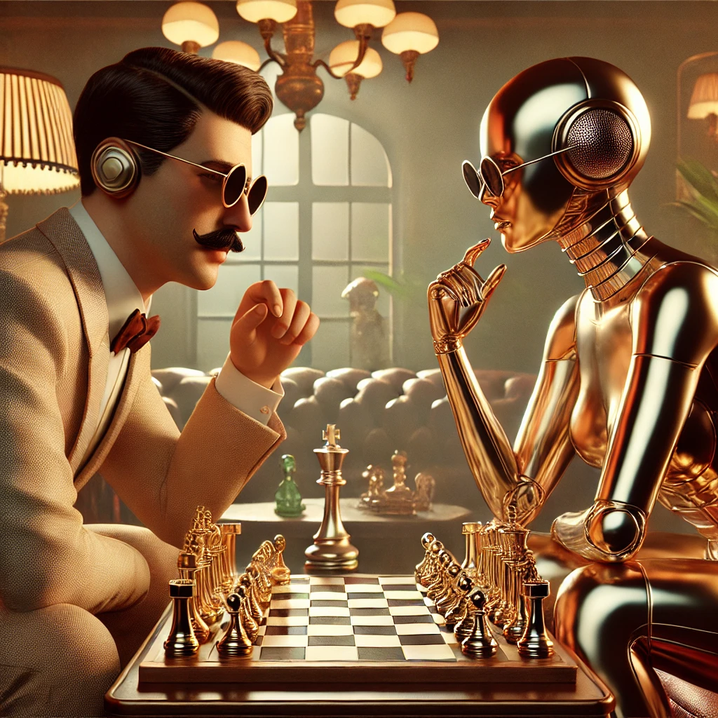 Escena futurista y elegante donde el personaje del logo y un robot humanoide juegan una partida de ajedrez en un ambiente retro-lujoso. El hombre, con un bigote clásico, gafas redondas y un traje beige con pajarita marrón, observa pensativo el tablero. El robot, de aspecto femenino y acabado metálico dorado brillante, lleva gafas redondas similares y posa su mano en el rostro en actitud reflexiva. El tablero de ajedrez está dispuesto en una mesa entre ellos, con piezas doradas y plateadas. El fondo incluye muebles de estilo vintage, como un sofá de cuero, una lámpara clásica y un candelabro, creando un contraste entre lo antiguo y lo futurista.